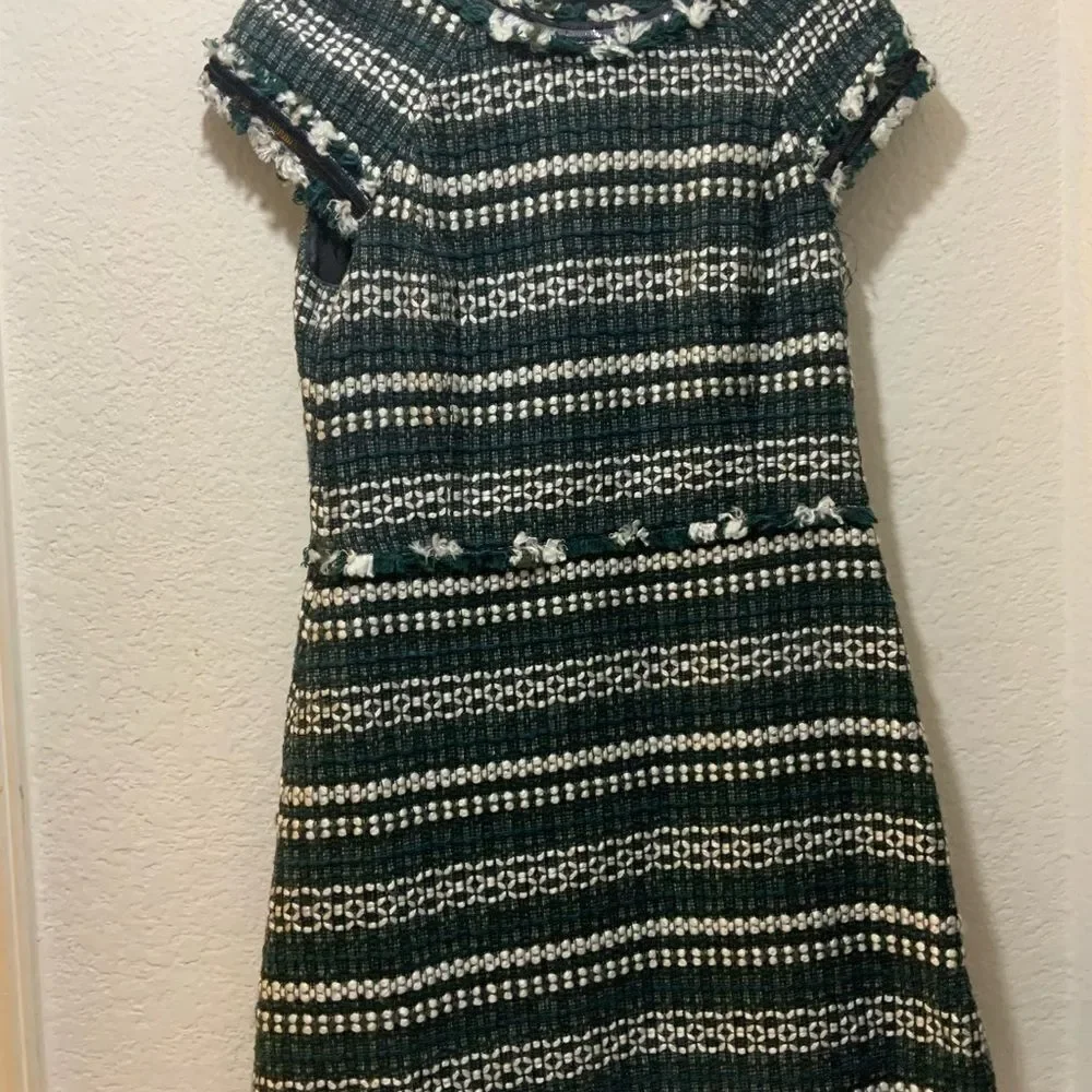 TORY BURCH Norfolk Green Black/Green Tweed Cap Sleeves A-line Sequin Dress $395
